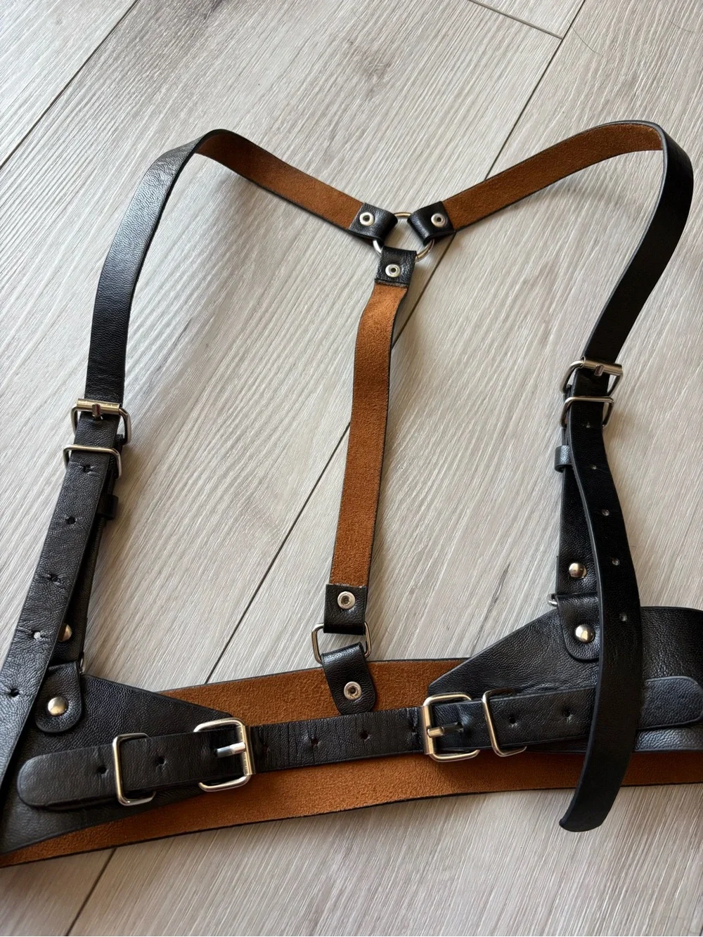 Adjustable Leather Harness Belt - Black/Tan